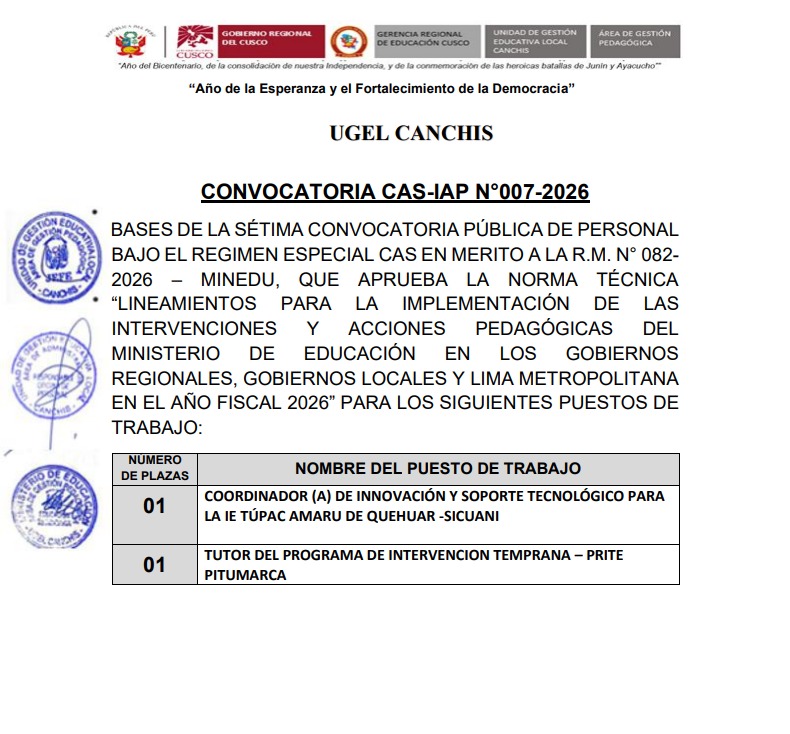 Convocatoria CAS-IAP N°007-2026 - INTERVENCIONES Y ACCIONES PEDAGÓGICAS